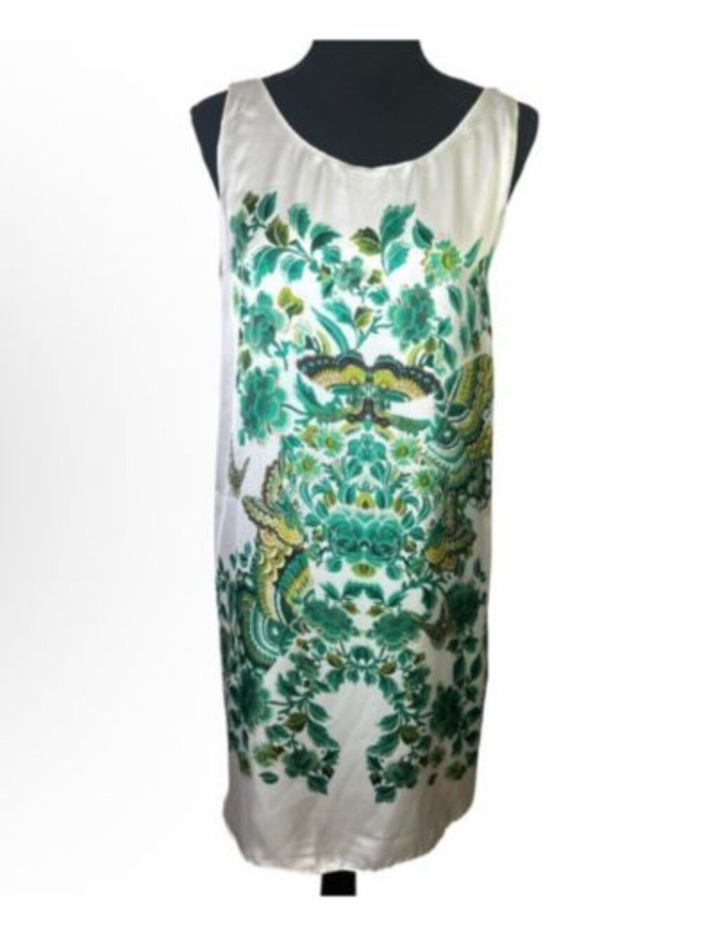MSSP Max Studio Sateen Butterfly Floral Shift Dress Sz L Lined Sleeveless Green